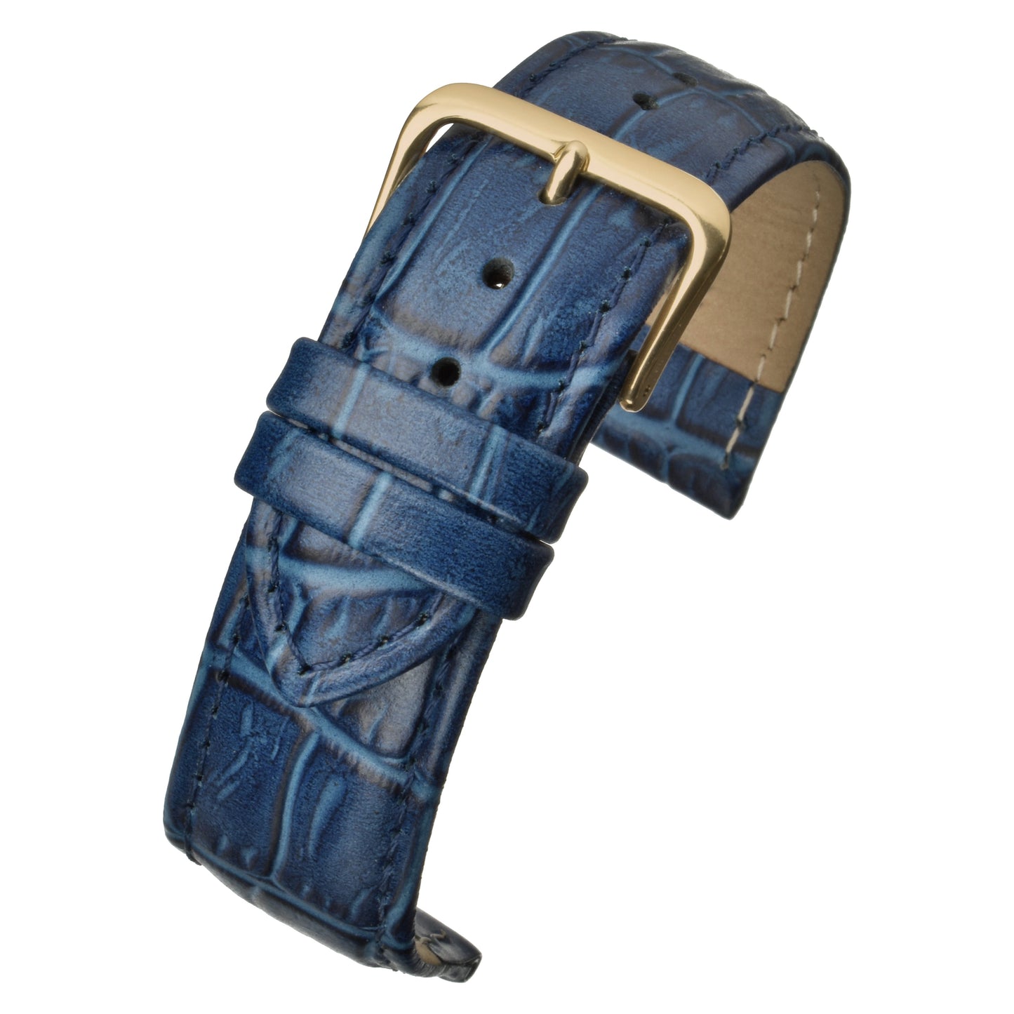 Blue Padded Alligator Grain Leather Watch Strap — curved view