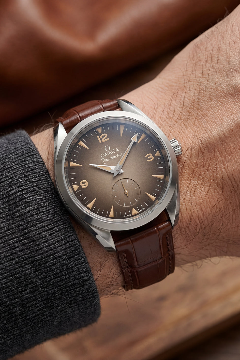 Omega Seamaster Railmaster — Brown Alligator-Embossed Leather Strap with Deployant Clasp