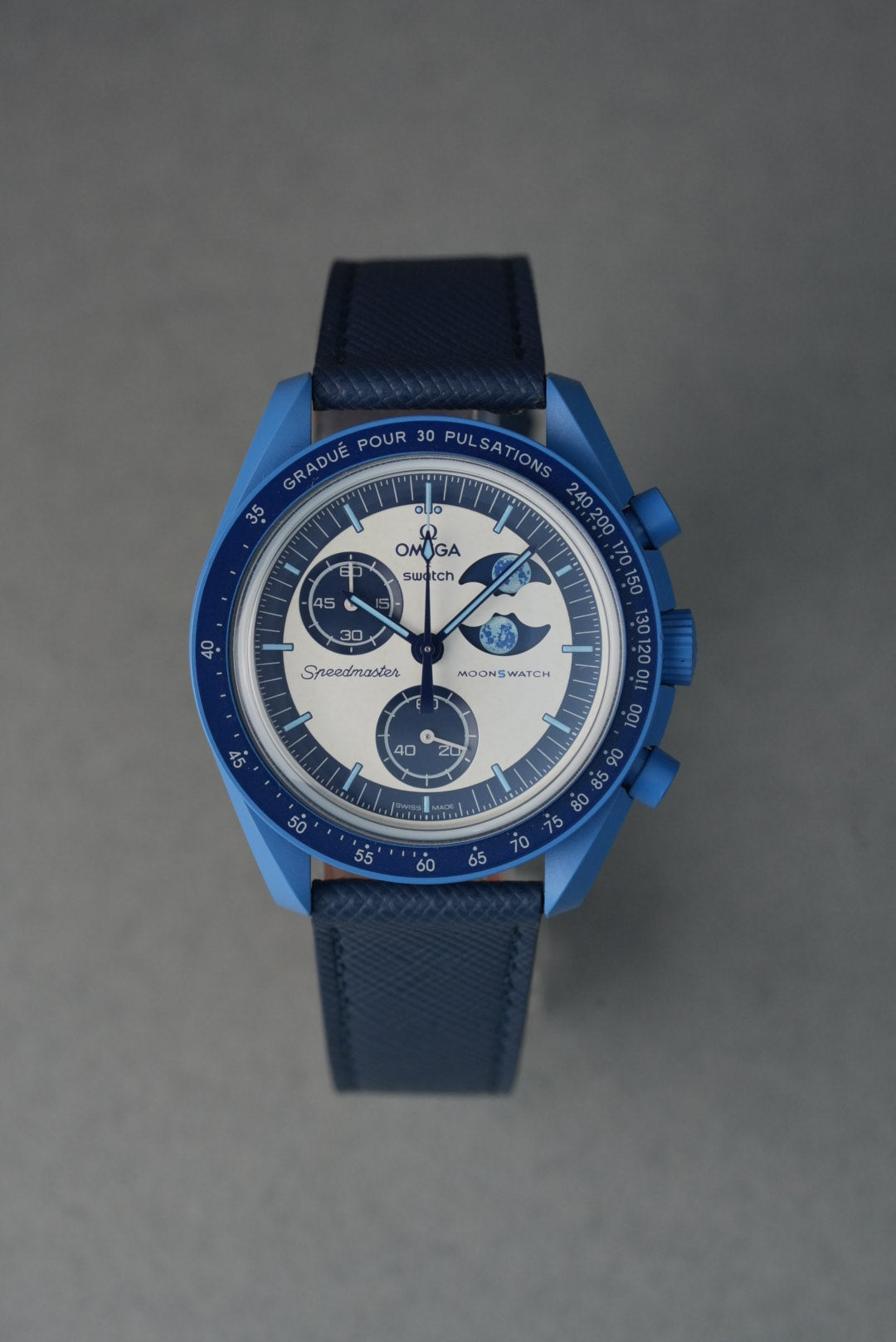 Italian Saffiano Leather Strap for Omega x Swatch MoonSwatch – Super Blue MoonPhase – Navy