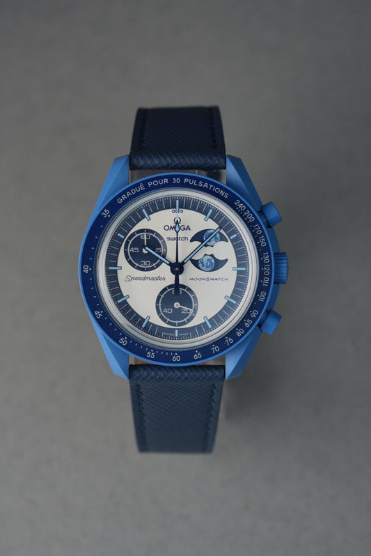Italian Saffiano Leather Strap for Omega x Swatch MoonSwatch – Super Blue MoonPhase – Navy