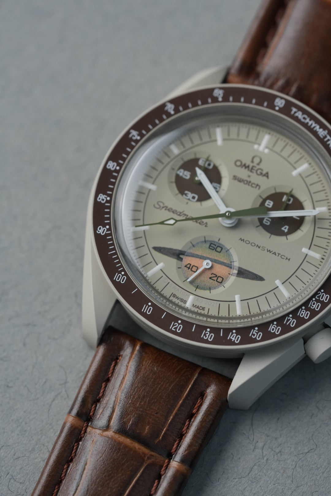 Embossed Leather Strap for Omega x Swatch MoonSwatch – Mission to Saturn – Brown