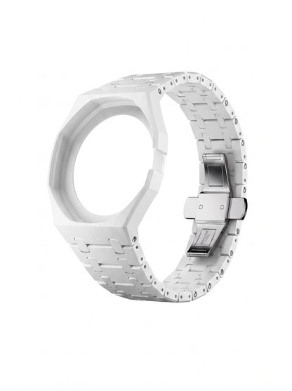 White ceramic watch band with a matching bezel and a silver-toned metal clasp, shown on a clean white background.
