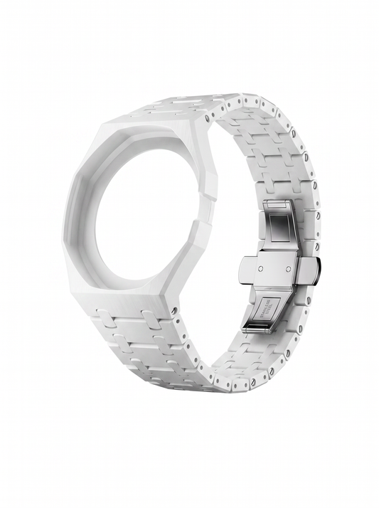 White ceramic watch band with a matching bezel and a silver-toned metal clasp, shown on a clean white background.