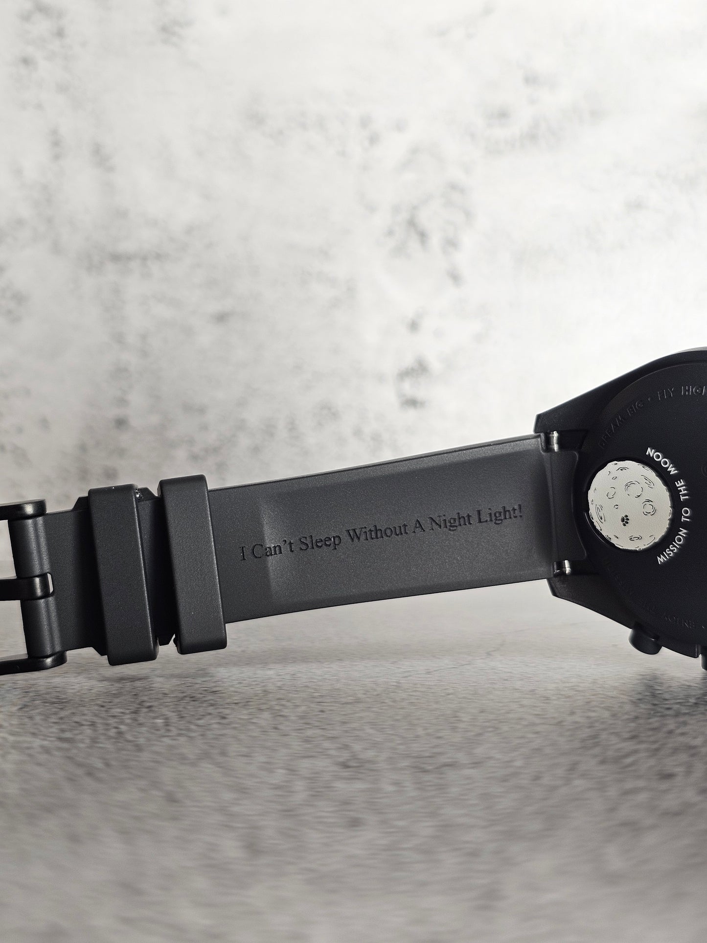 Black engraved curved rubber strap for Omega x Swatch MoonSwatch Mission to the MoonPhase (Snoopy Edition)