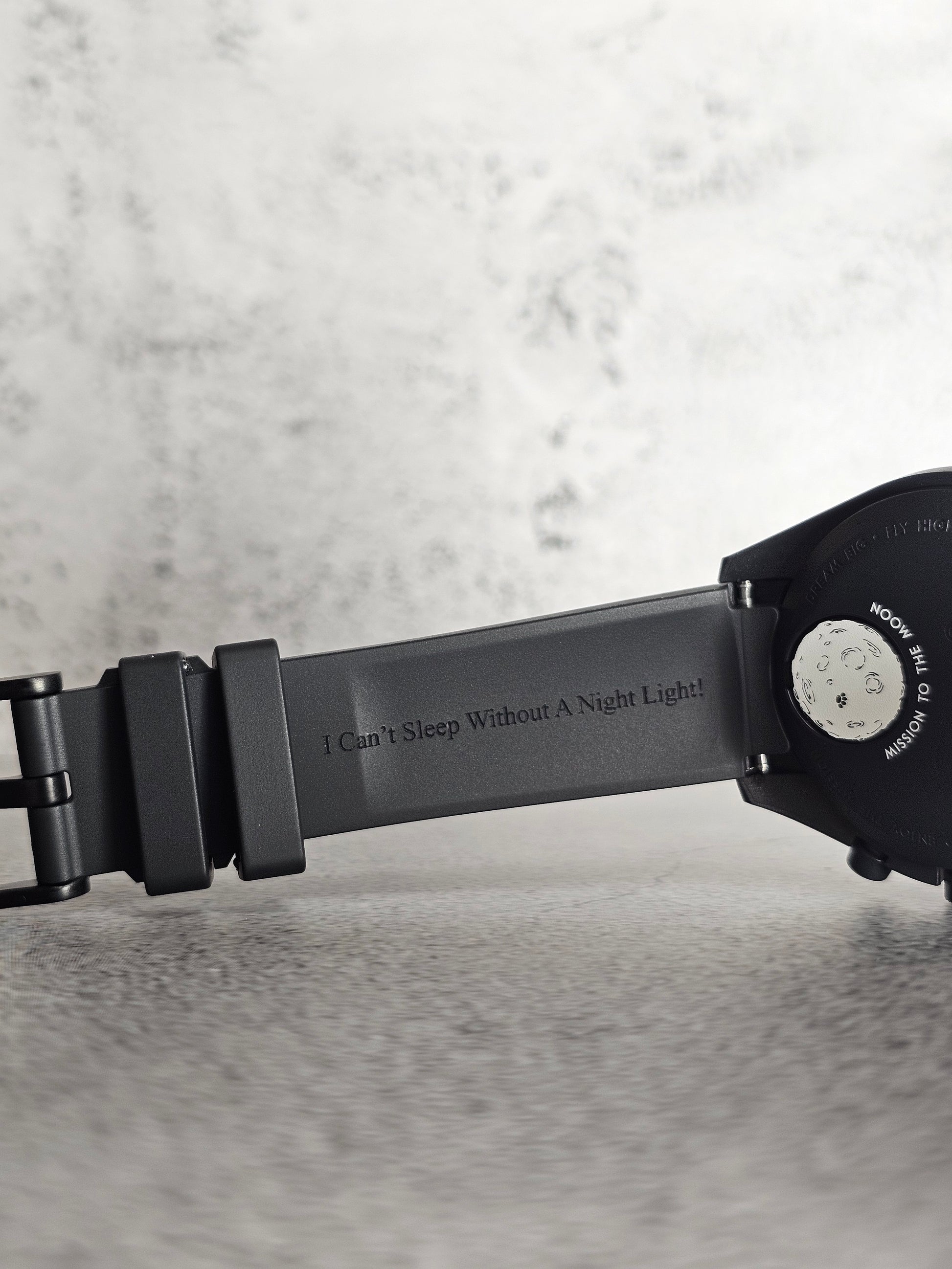 Black engraved curved rubber strap for Omega x Swatch MoonSwatch Mission to the MoonPhase (Snoopy Edition)