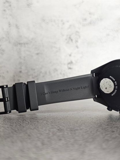 Black engraved curved rubber strap for Omega x Swatch MoonSwatch Mission to the MoonPhase (Snoopy Edition)