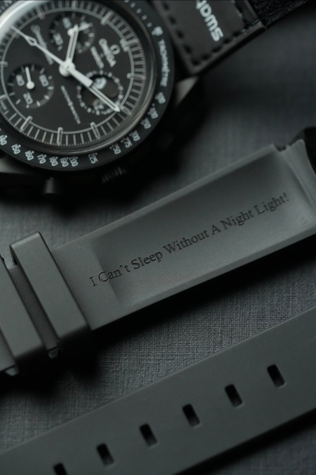 Black engraved curved rubber strap for Omega x Swatch MoonSwatch Mission to the MoonPhase (Snoopy Edition)