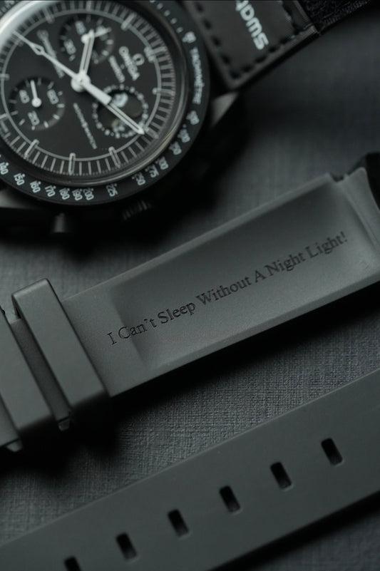Black engraved curved rubber strap for Omega x Swatch MoonSwatch Mission to the MoonPhase (Snoopy Edition)