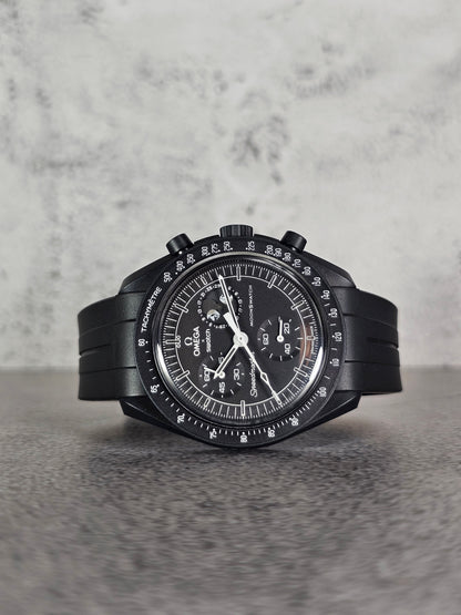 Black engraved curved rubber strap for Omega x Swatch MoonSwatch Mission to the MoonPhase (Snoopy Edition)