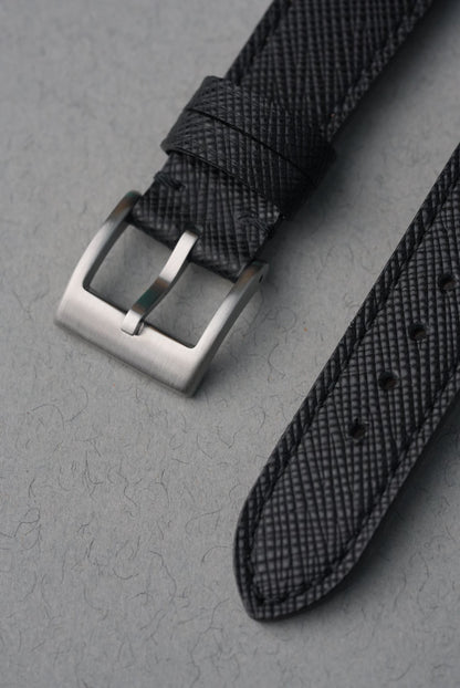 Polished stainless steel buckle on black Saffiano leather strap