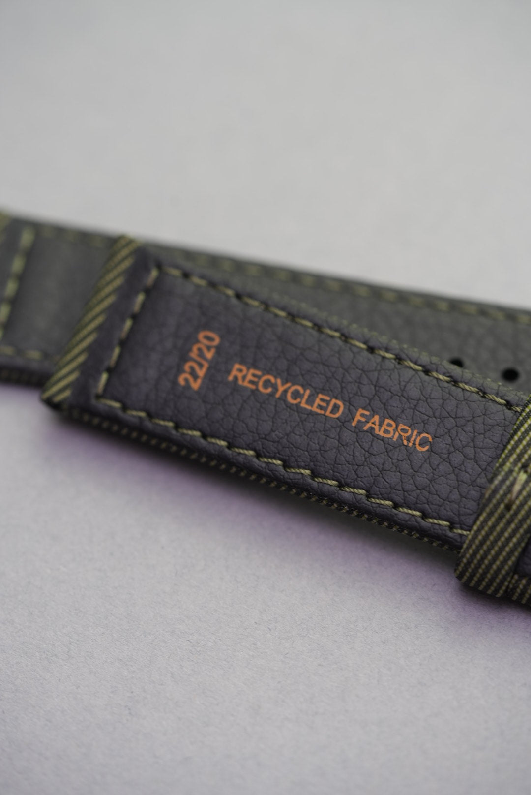 Underside of the Sagebrush strap showing 22/20 size marking and "Recycled Fabric" stamp, backed in textured black lining.