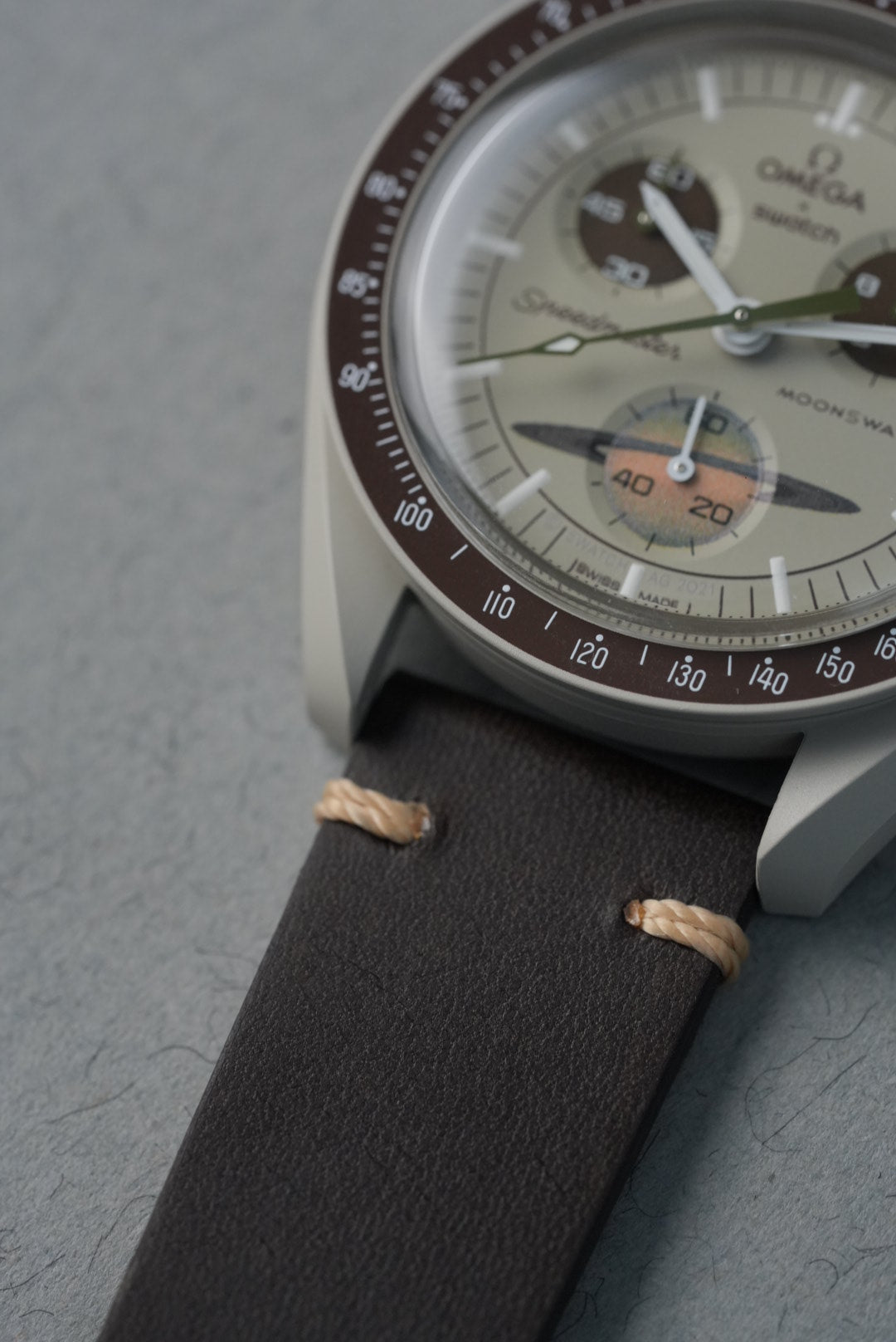 Buy Omega MoonSwatch strap in brown leather from mgbwatches.com