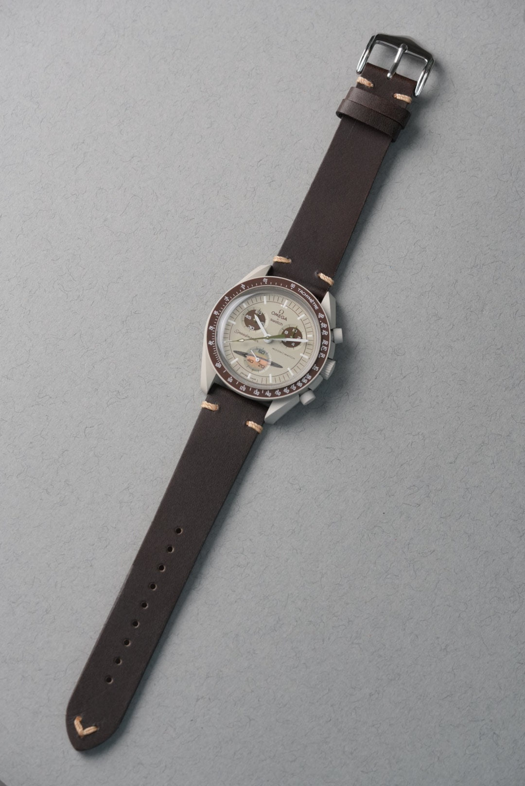 Omega Swatch Mission to Saturn MoonSwatch strap upgrade in brown leather