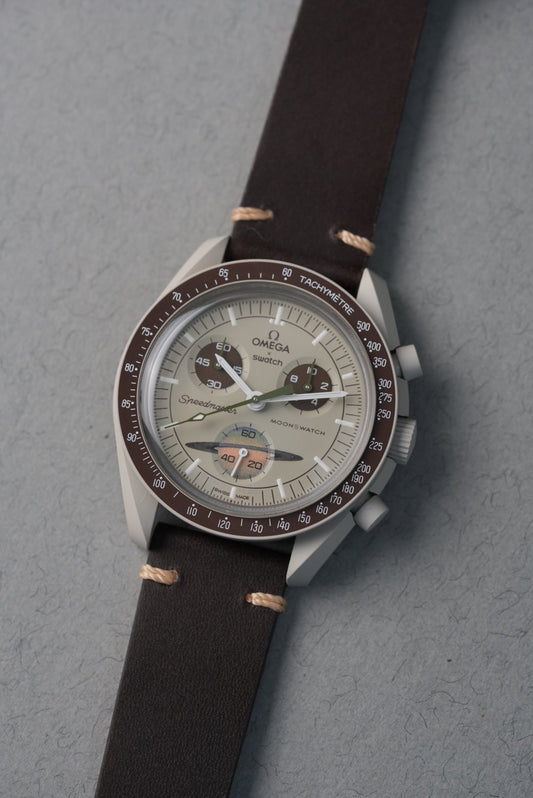 Buy Omega MoonSwatch strap in brown leather from mgbwatches.com