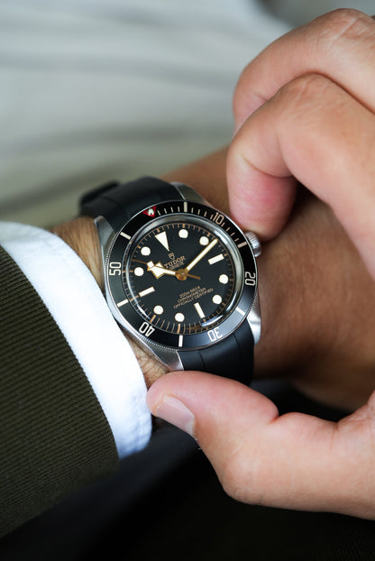 Tudor Black Bay watch with black FKM rubber strap – sleek, waterproof strap upgrade for a classic dive watch look.