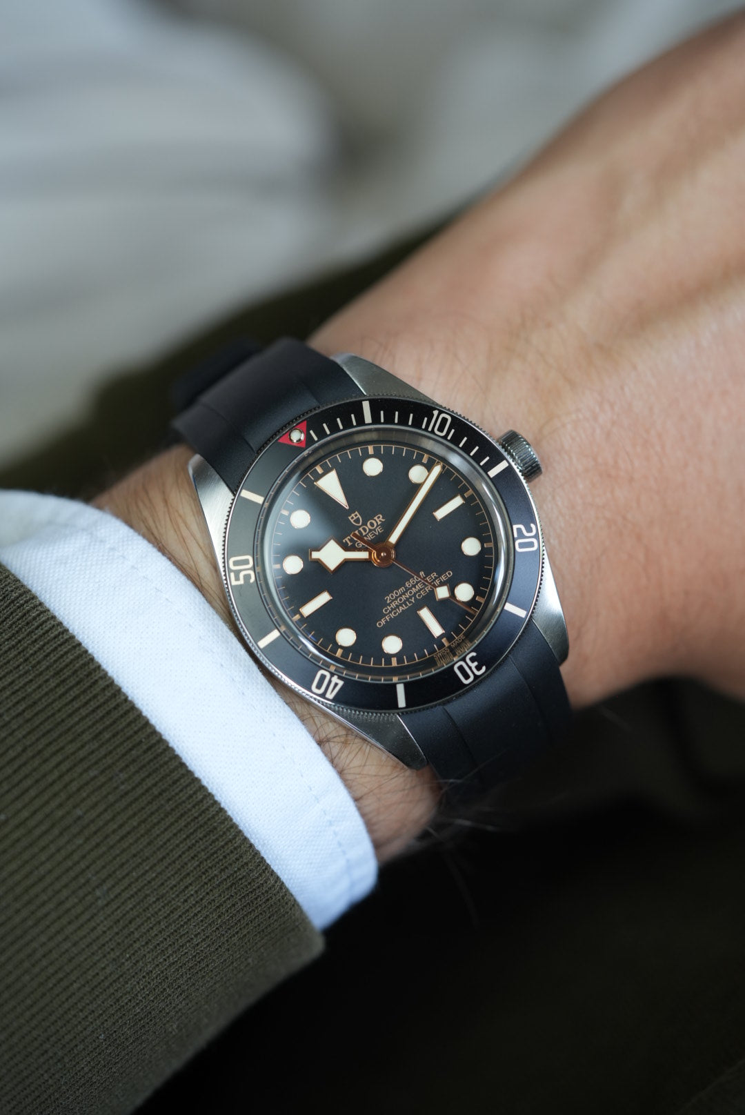 Tudor Black Bay watch with black FKM rubber strap – sleek, waterproof strap upgrade for a classic dive watch look.