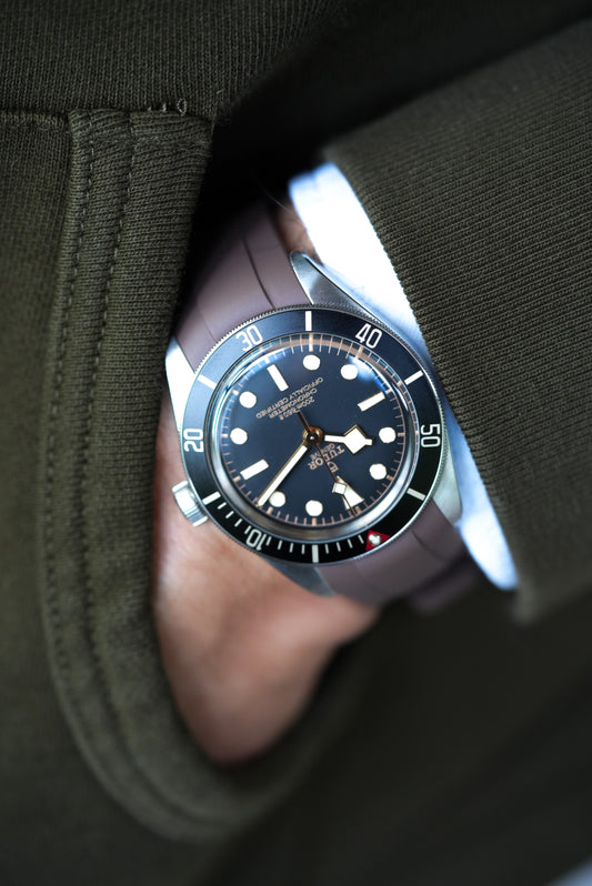 Tudor Black Bay watch with brown FKM rubber strap – sleek, waterproof strap upgrade for a classic dive watch look.