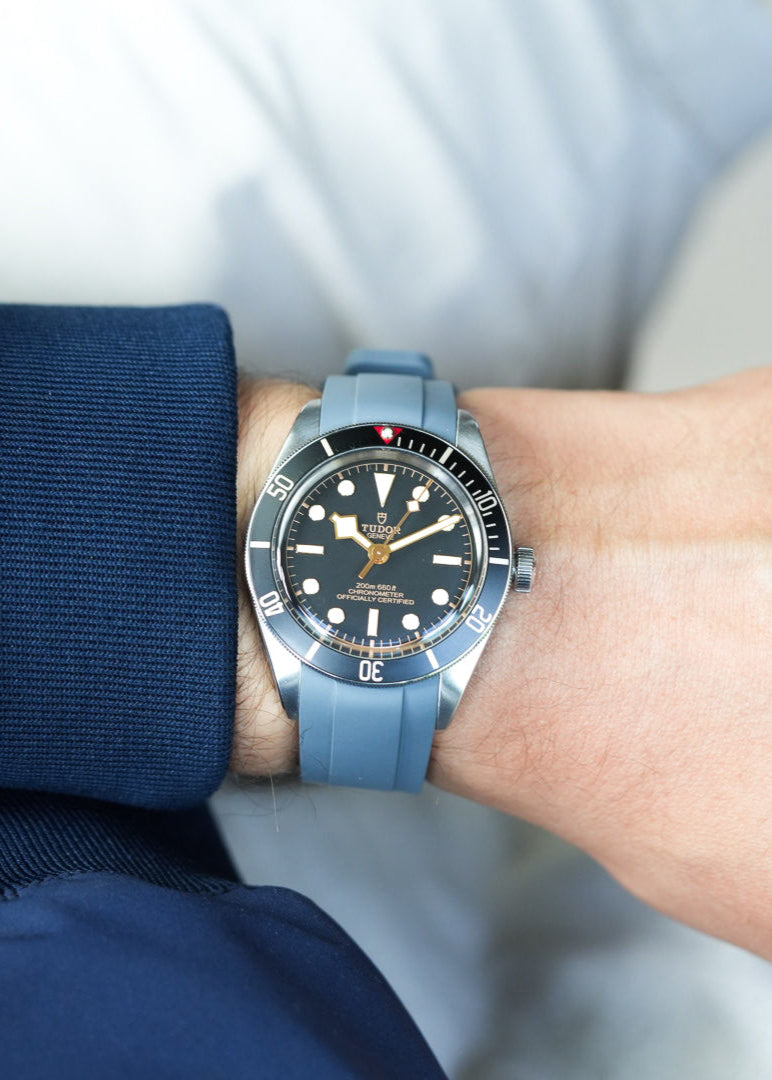 Tudor Black Bay watch with brown FKM rubber strap – sleek, waterproof strap upgrade for a classic dive watch look.Tudor Black Bay watch with grey FKM rubber strap – sleek, waterproof strap upgrade for a classic dive watch look.