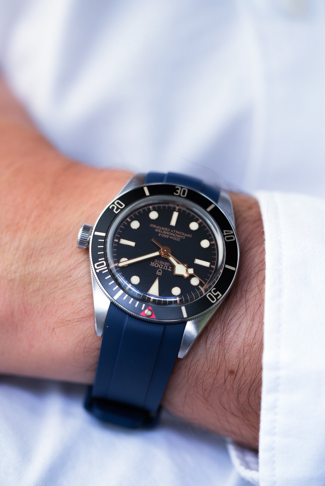 Tudor Black Bay watch with navy FKM rubber strap – sleek, waterproof strap upgrade for a classic dive watch look.