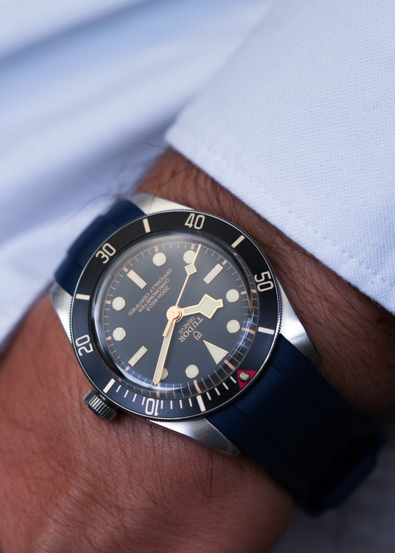 Tudor Black Bay watch with NAVY FKM rubber strap – sleek, waterproof strap upgrade for a classic dive watch look.