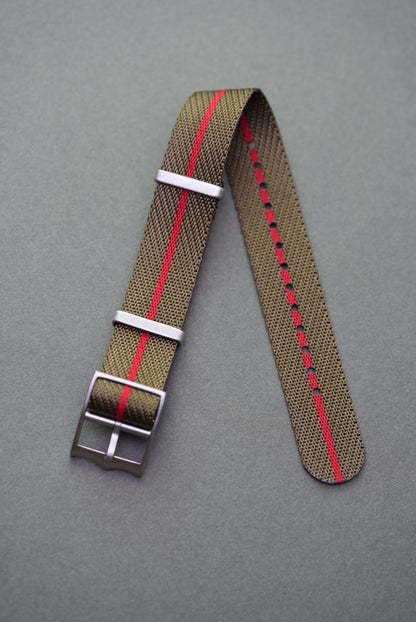 Olive green woven nylon strap with red centre stripe, single-pass design for Tudor watch compatibility.