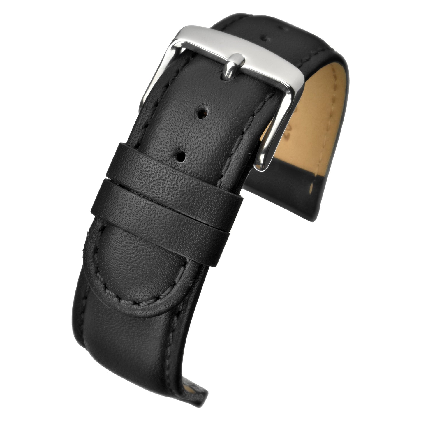 Black Padded Stitched Leather Watch Strap — curved view