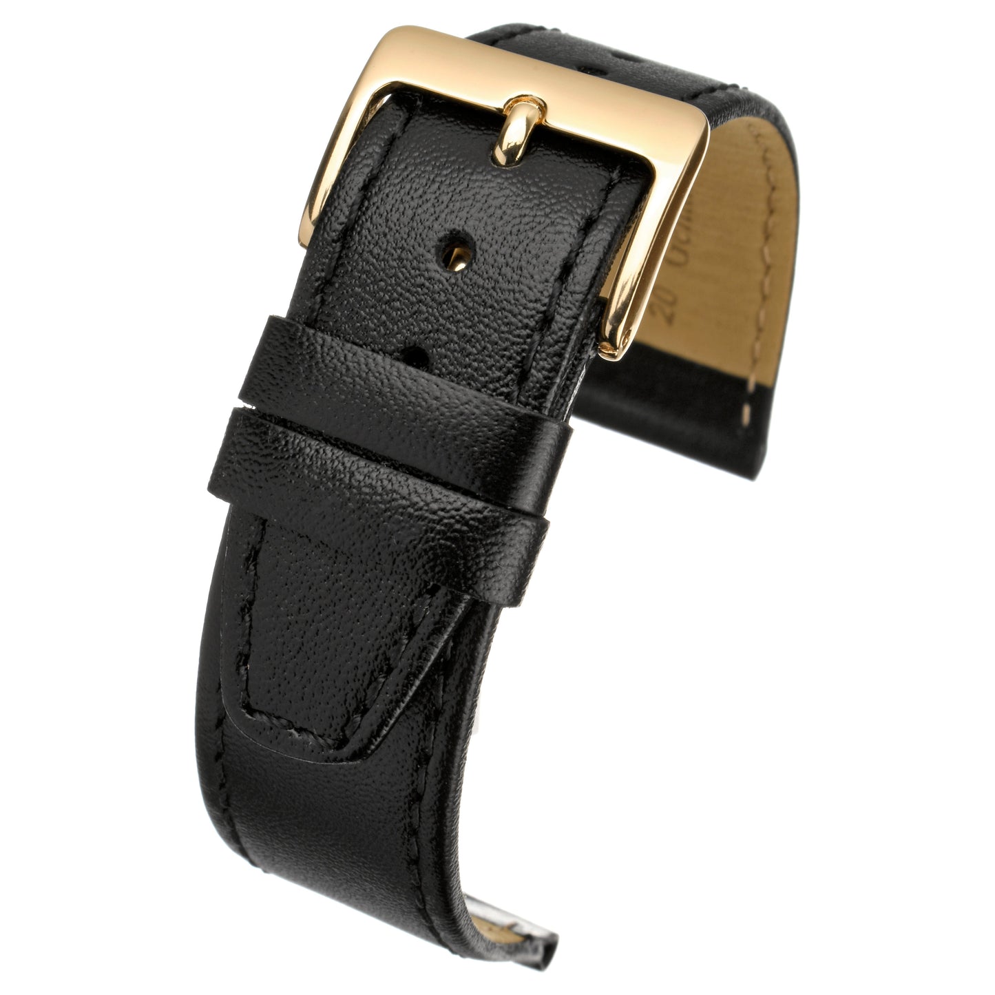 Black Plain Stitched Calf Leather Watch Strap — curved view