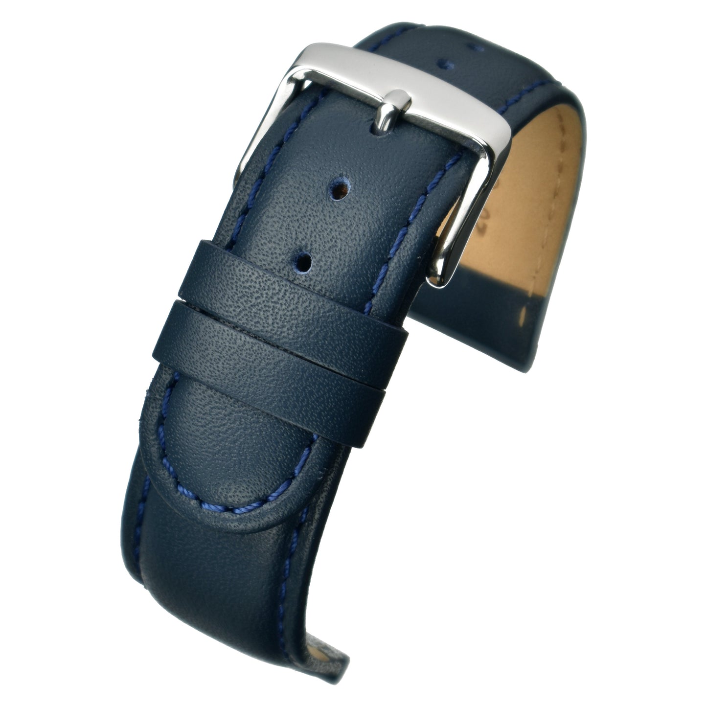 Blue Padded Stitched Leather Watch Strap — curved view