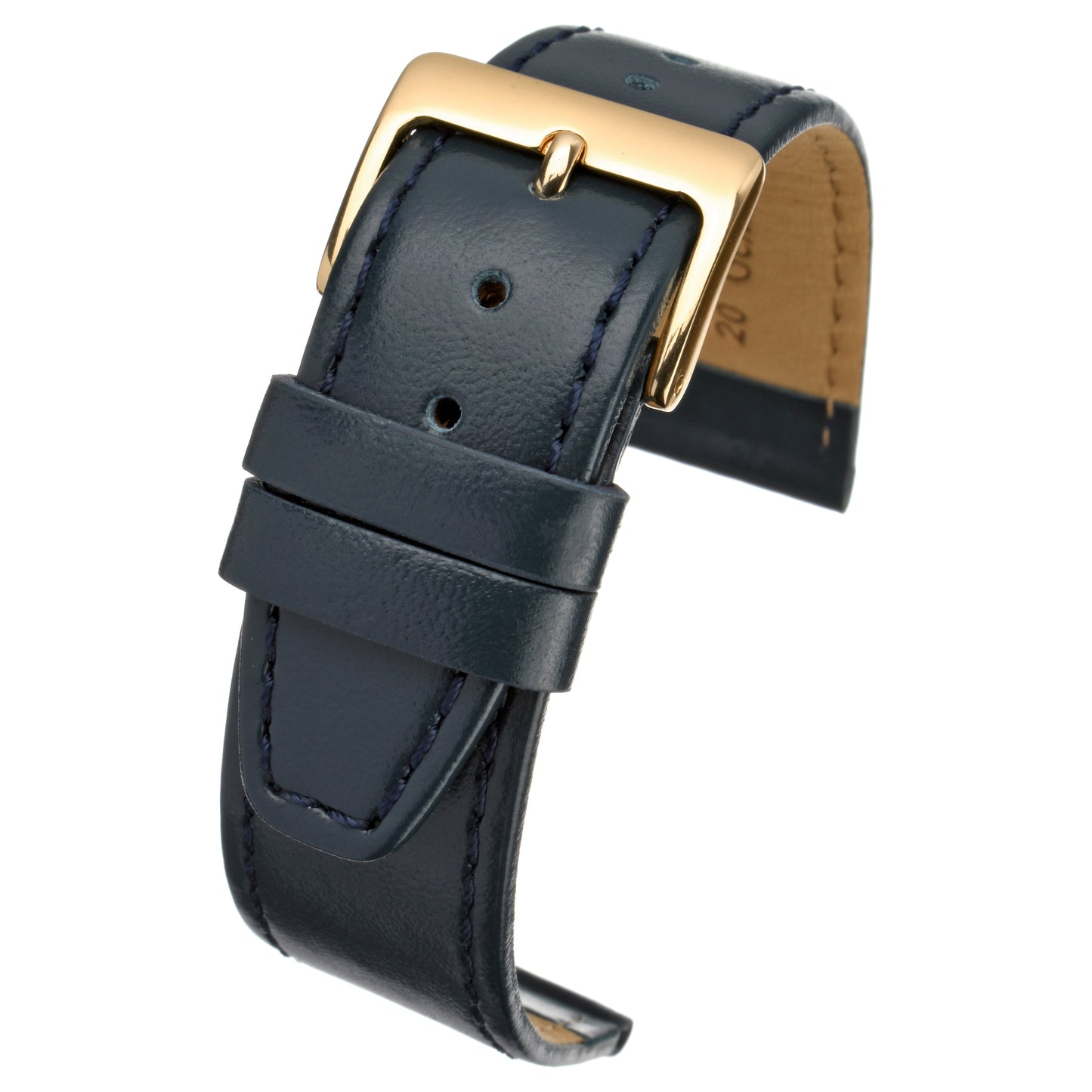 Blue Plain Stitched Calf Leather Watch Strap — curved view