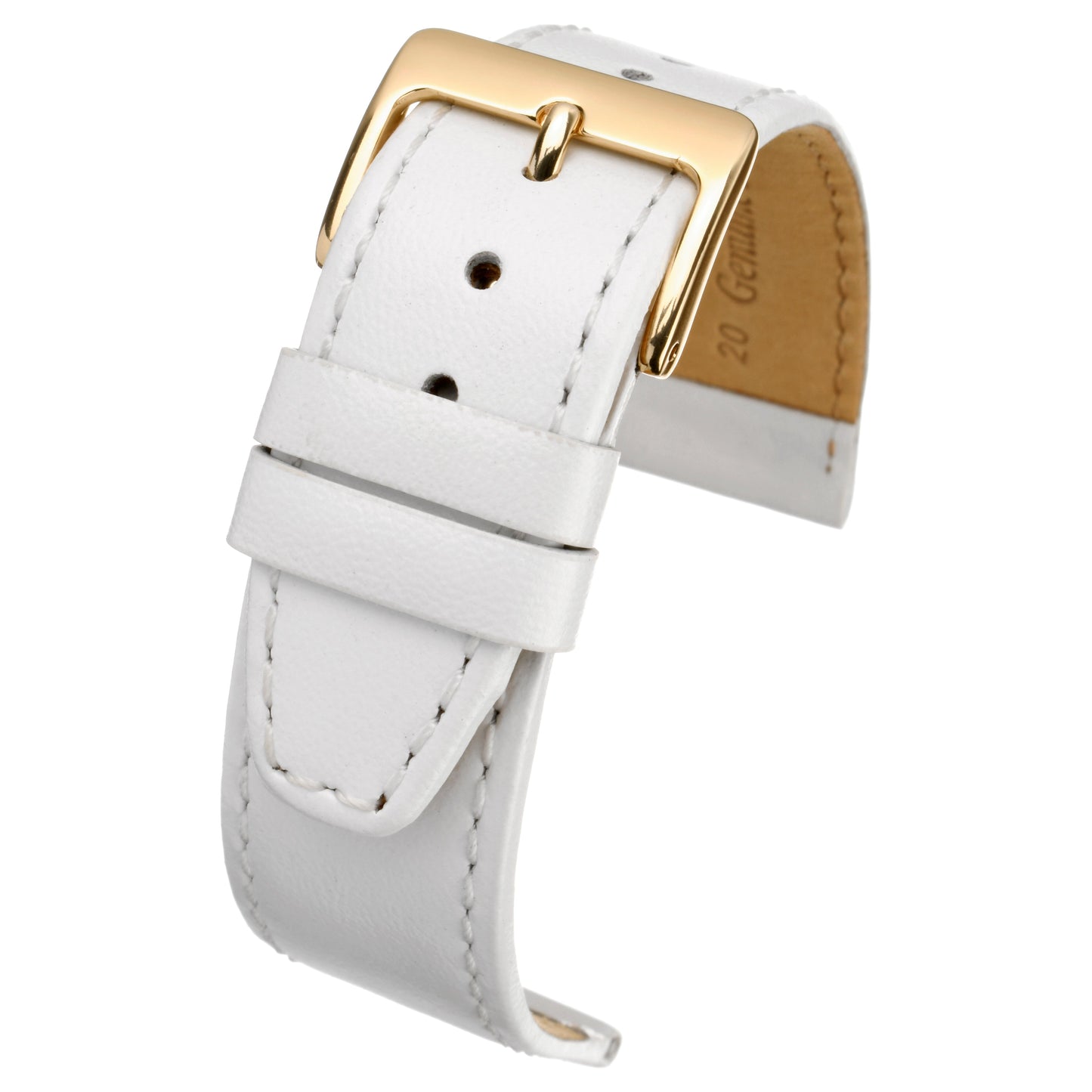 White Plain Stitched Calf Leather Watch Strap — curved view