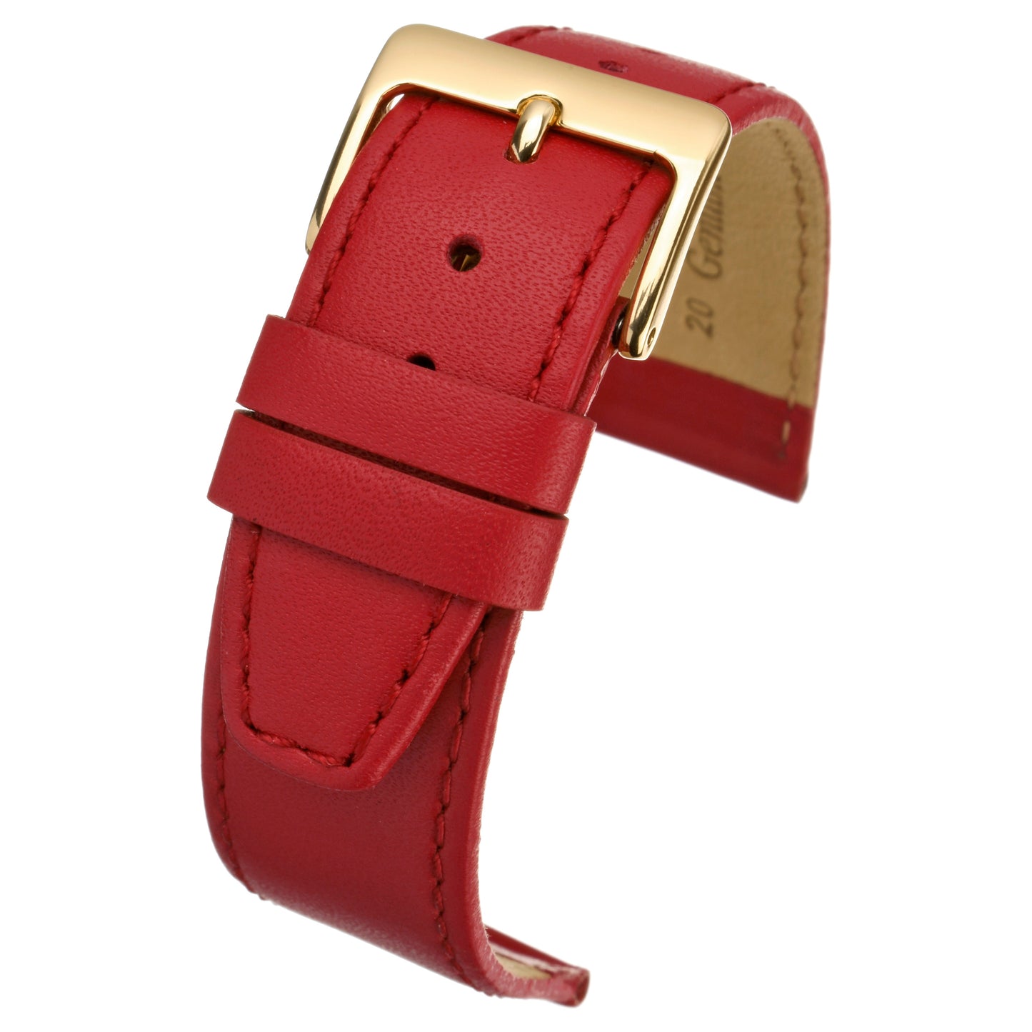 Red Plain Stitched Calf Leather Watch Strap — curved view